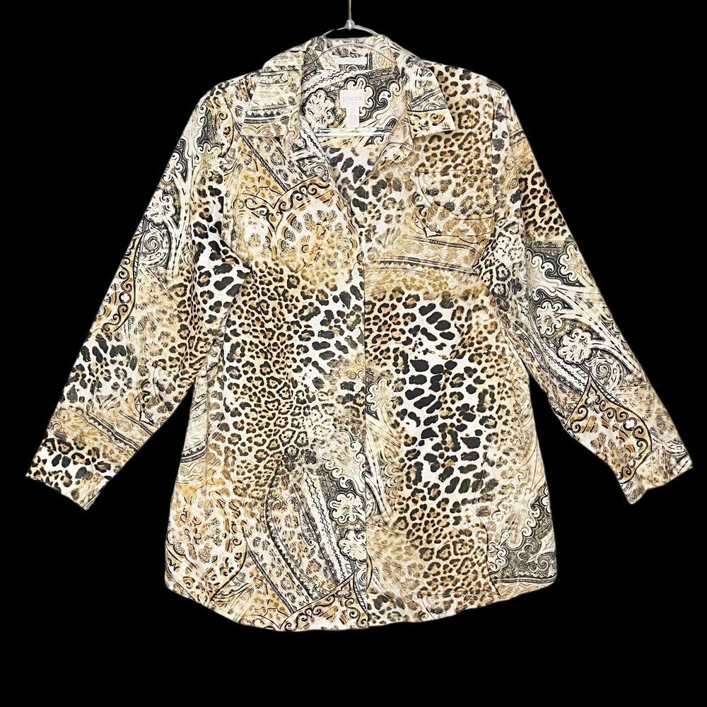 Chicos Size 2 L No Iron Animal Print Tunic Blouse Shirt Button Up Mixed Cheetah